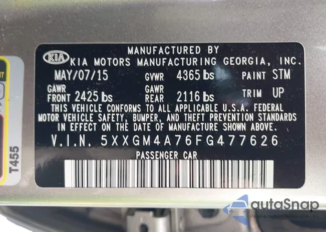 2015 Kia Optima Lx z USA, uszkodzony, nr VIN 5XXGM4A76FG477626